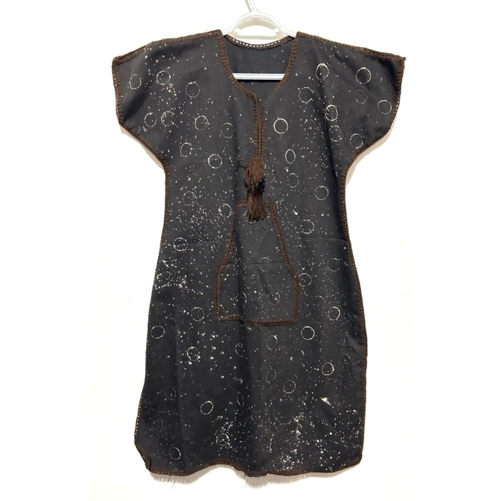 Vintage Shift Dress, Kaftan Style, Lace Up Collar, Black Cotton Canvas - MEDIUM